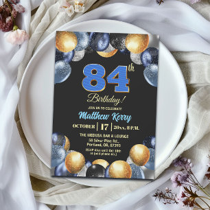 Convite Festa de Aniversário de 84 anos Azul Prata Dourado