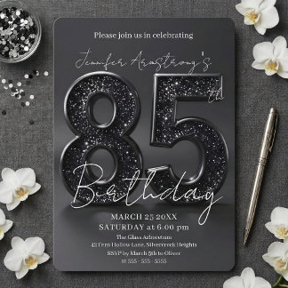 Convite Festa de Aniversário de 85 Anos com Brilho Preto e