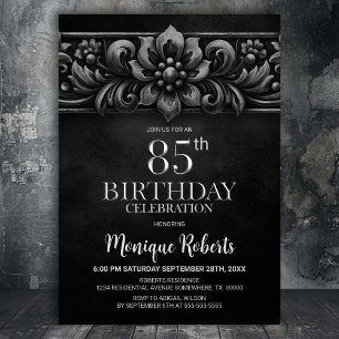 Convite Festa de Aniversário de 85 Anos Flor Vintage Preta