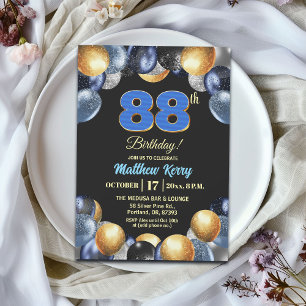Convite Festa de Aniversário de 88 anos Azul Prata Dourado
