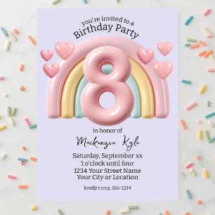 Convite Festa de Aniversário de 8 Anos com Arco-Íris 3D pa