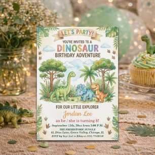 Convite Festa de Aniversário de 8 Anos Dinossauros Aquarel
