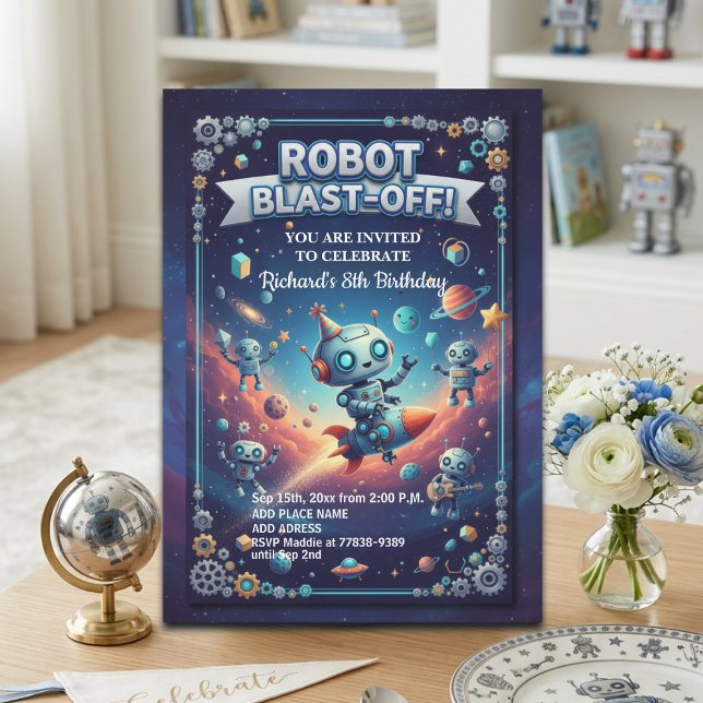 Convite Festa de Aniversário de 8 anos dos Robôs no Espaço (Criador carregado)