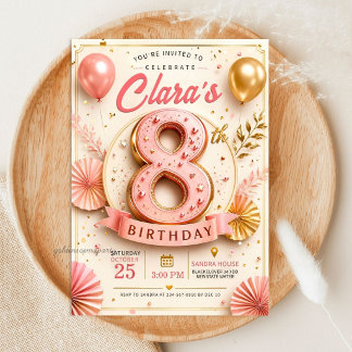 Convite Festa de Aniversário de 8 Anos em Rosa Elegante Do