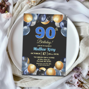 Convite Festa de Aniversário de 90 anos Azul Prata Dourado