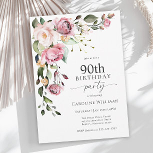 Convite Festa de Aniversário de 90 anos Boho Rosa Floral A