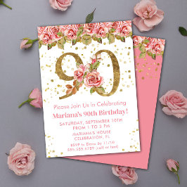 Convite Festa de Aniversário de 90 anos com Floral Rosa e