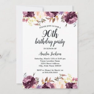 Convite Festa de Aniversário de 90 Anos com Floral Roxo em