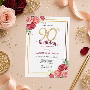 Convite Festa de Aniversário de 90 anos Elegante Blush Flo