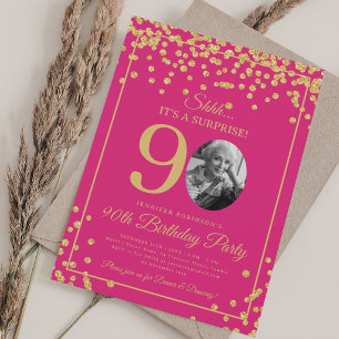 Convite Festa de Aniversário de 90 anos Elegante Dourado C