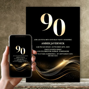 Convite Festa de Aniversário de 90 Anos em Texto Dourado M