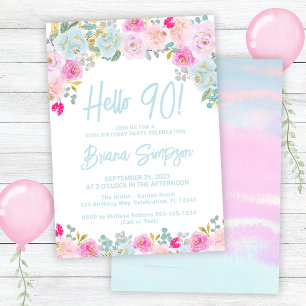 Convite Festa de Aniversário de 90 anos Floral Azul Rosa P