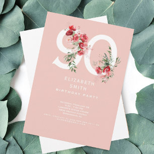 Convite Festa de Aniversário de 90 anos Floral Rosa e Verm