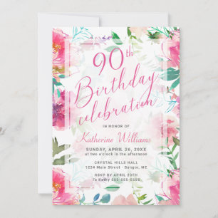 Convite Festa de Aniversário de 90 Anos Floral Rosa Tropic
