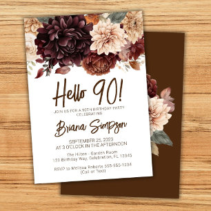 Convite Festa de Aniversário de 90 anos Flores Marrom Bege