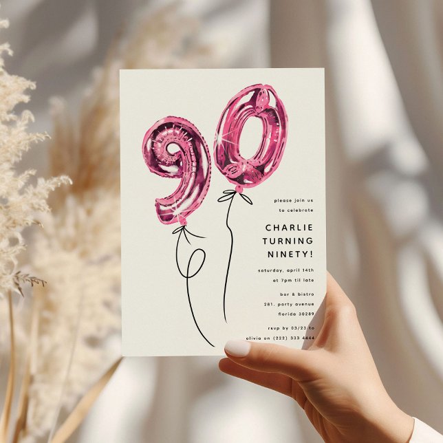 Convite Festa de Aniversário de 90 anos Minimal Rosa Balão (Criador carregado)
