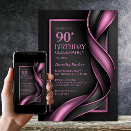 Convite Festa de Aniversário de 90 Anos Preta e Rosa Moder