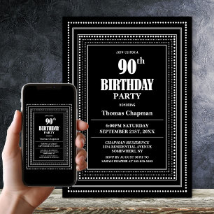 Convite Festa de aniversário de 90 de borda branca e preta
