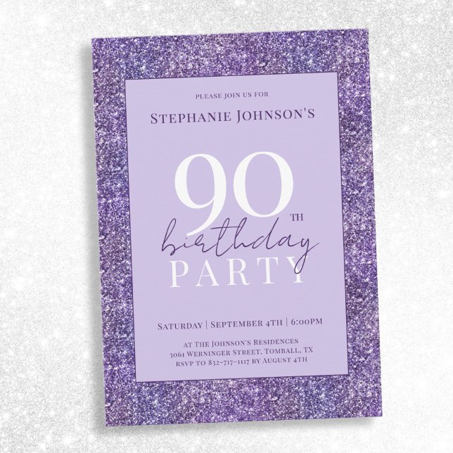 Convite Festa de aniversário de 90 de Lâmpada Roxa Elegant (Elegant Purple Glitter 90th Birthday Party Invitation)