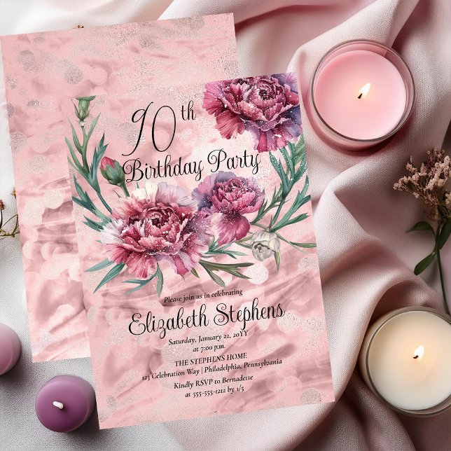 Convite Festa de aniversário de 90 dos Cravos Elegante (Elegant Pink and Mauve Carnations 90th Birthday Party Invitation)