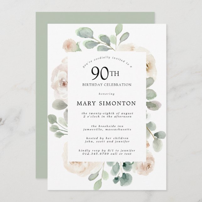 Convite Festa de aniversário de 90 Eucalyptus Floral Rosa  (Frente/Verso)