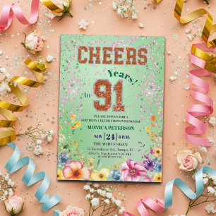 Convite Festa de Aniversário de 91 anos com Brilho Floral
