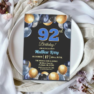 Convite Festa de Aniversário de 92 anos Azul Prata Dourado