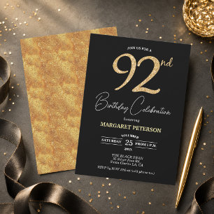 Convite Festa de Aniversário de 92 Anos Elegante Preto Dou