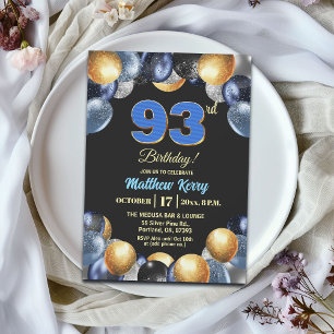 Convite Festa de Aniversário de 93 anos Azul Prata Dourado