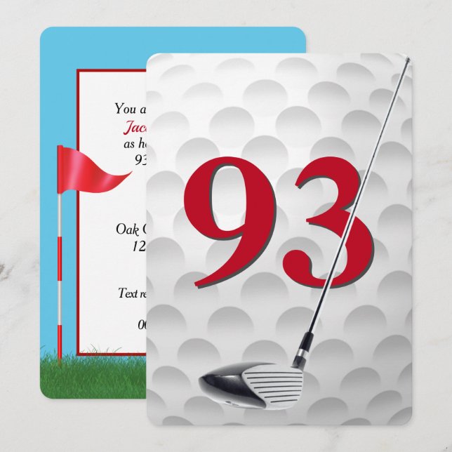 Convite Festa de Aniversário de 93 anos com Tema de Golfe (Frente/Verso)