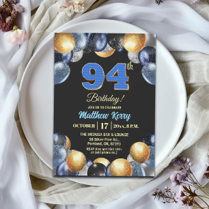 Convite Festa de Aniversário de 94 anos Elegante Azul Dour