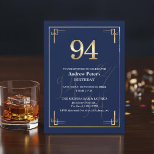 Convite Festa de Aniversário de 94 anos Elegante Azul Dour