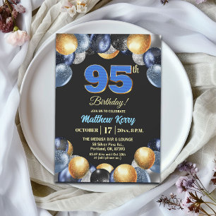 Convite Festa de Aniversário de 95 anos Azul Prata Dourado