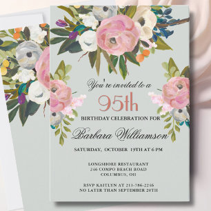 Convite Festa de Aniversário de 95 Anos com Floral Pintado