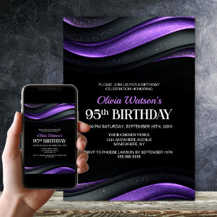 Convite Festa de Aniversário de 95 Anos Preta e Roxa Moder