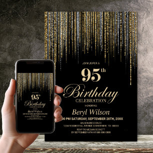 Convite Festa de Aniversário de 95 Anos Preto com Brilho D
