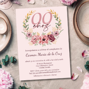 Convite Festa de Aniversário de 99 Anos Rosa Espanhol Flor
