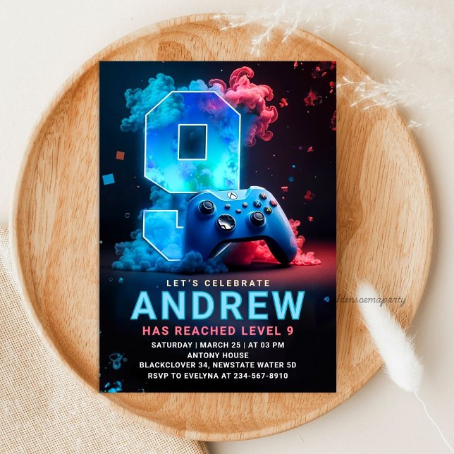 Convite Festa de Aniversário de 9 anos de Video Game (Video Game 9th Birthday Party Invitation)