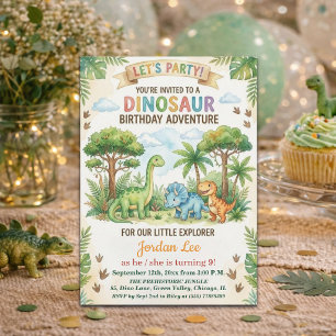 Convite Festa de Aniversário de 9 Anos Dinossauros Aquarel