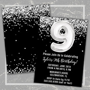 Convite Festa de Aniversário de 9 anos Preto e Branco