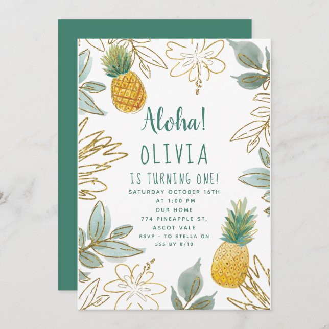 Convite Festa de aniversário de abacaxi com brilho Dourado (Frente/Verso)
