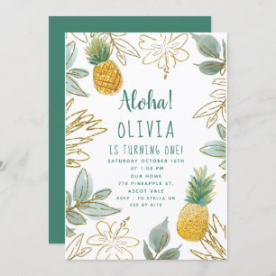 Convite Festa de aniversário de abacaxi com brilho Dourado