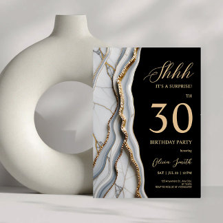 Convite Festa de Aniversário de Ágata Preta e Dourada Eleg