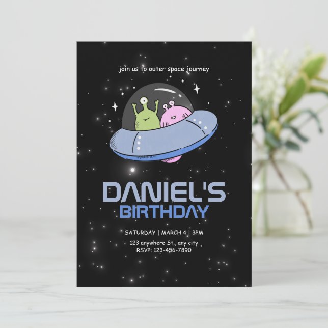 Convite Festa de aniversário de alienígena OVNI Espaço Ext (Em pé/Frente)