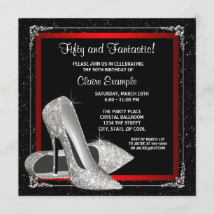 Convite Festa de aniversário de alto salto preto e vermelh