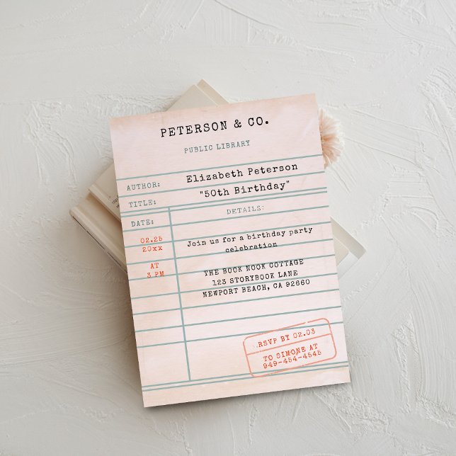 Convite Festa de Aniversário de Amante de Livros com Cartã (book lover birthday party invitation library card vintage pink bookworm literary librarian type)