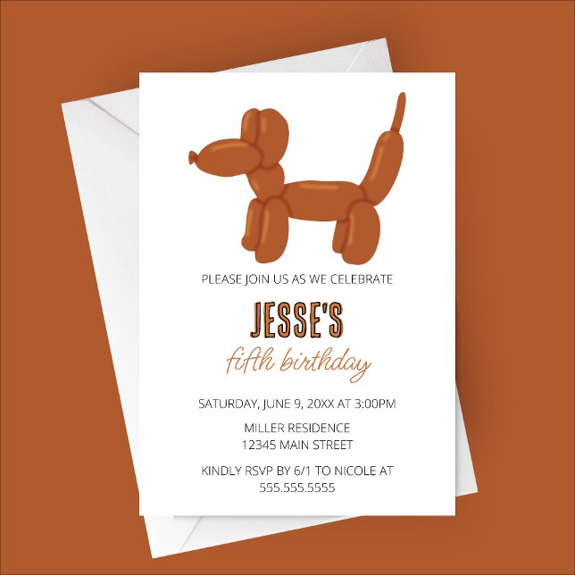 Convite Festa de aniversário de animais do Cachorro Castan (Brown Dog Balloon Animal Birthday Party Invitation)