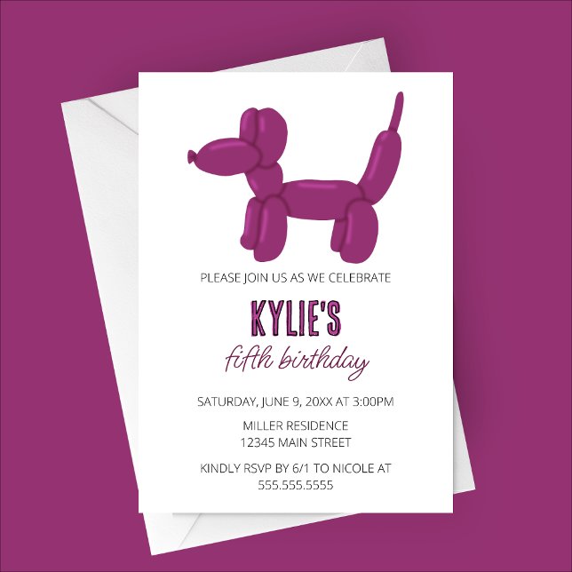 Convite Festa de aniversário de Animais do Cachorro Roxo (Purple Dog Balloon Animal Birthday Party Invitation)