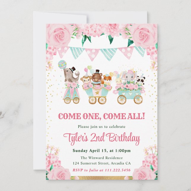 Convite Festa de aniversário de Animais do Circo Rosa de A (Frente)