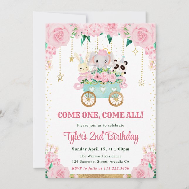 Convite Festa de aniversário de Animais do Circo Rosa de A (Frente)